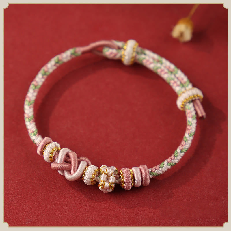 Handcrafted Peach Blossom Peace Knot Colorful Rope Adjustable Bracelet