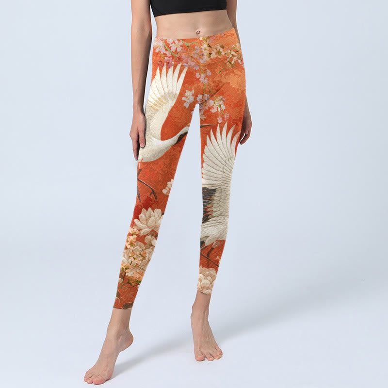 Red-Crowned Crane Cherry Blossom Lotus Flower Pattern Print Gym Leggings Women's Yoga Pants