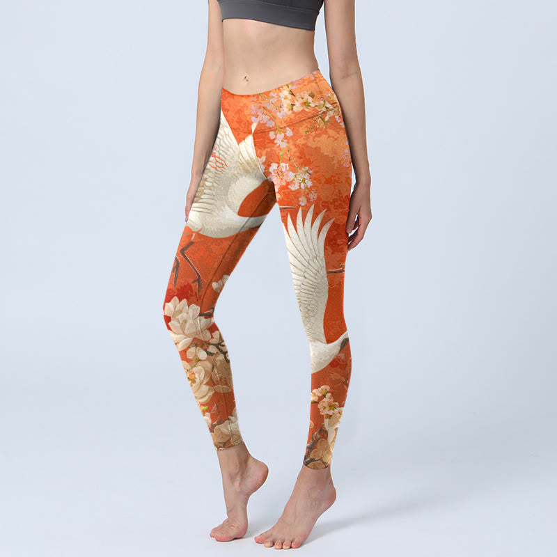 Red-Crowned Crane Cherry Blossom Lotus Flower Pattern Print Gym Leggings Women's Yoga Pants
