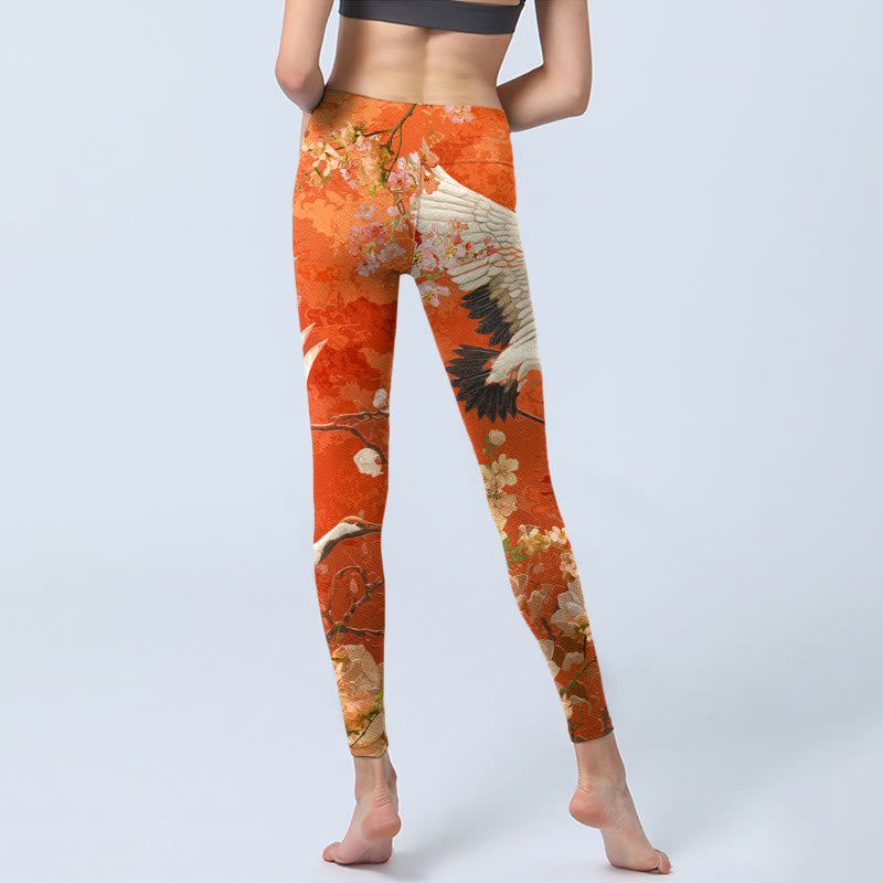 Red-Crowned Crane Cherry Blossom Lotus Flower Pattern Print Gym Leggings Women's Yoga Pants