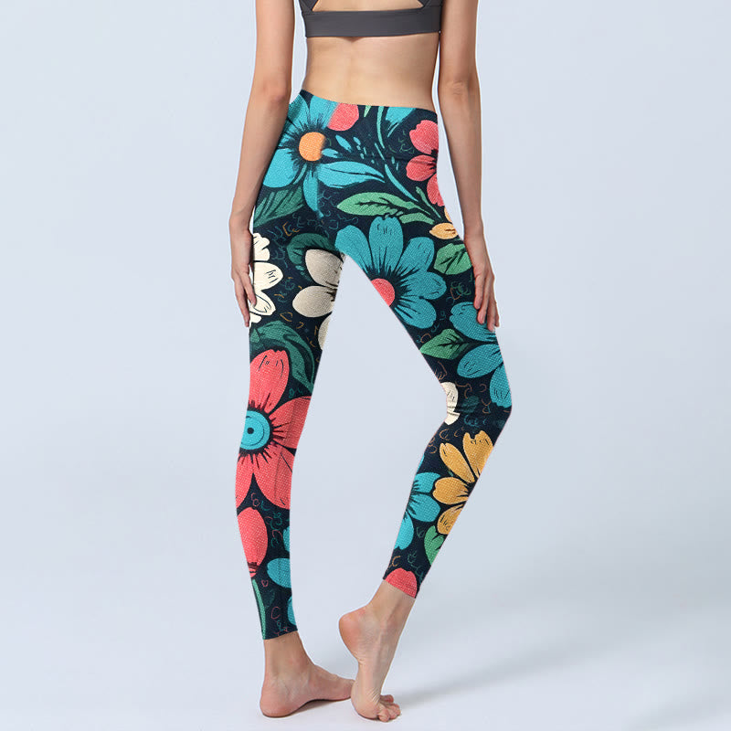 Colorful Flower Pattern Print Gym Leggings Women's Yoga Pants