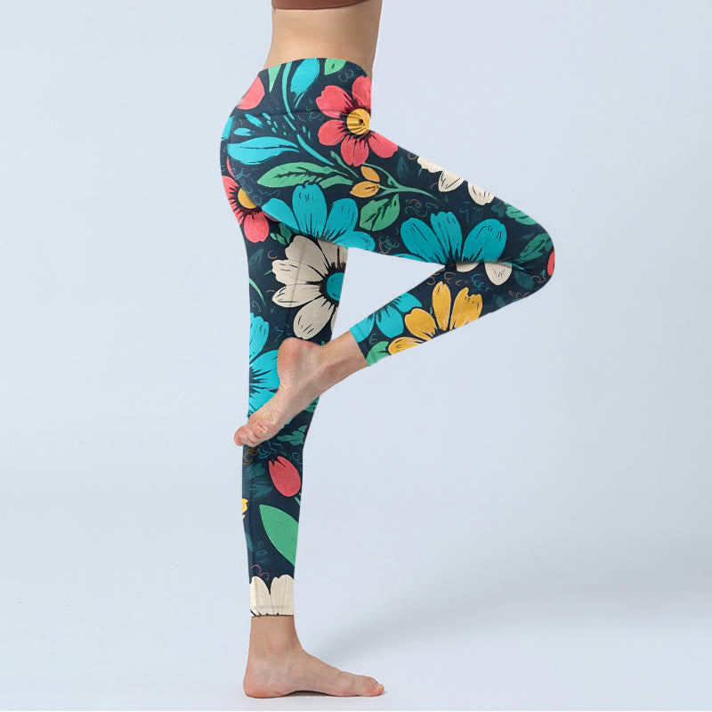 Colorful Flower Pattern Print Gym Leggings Women's Yoga Pants