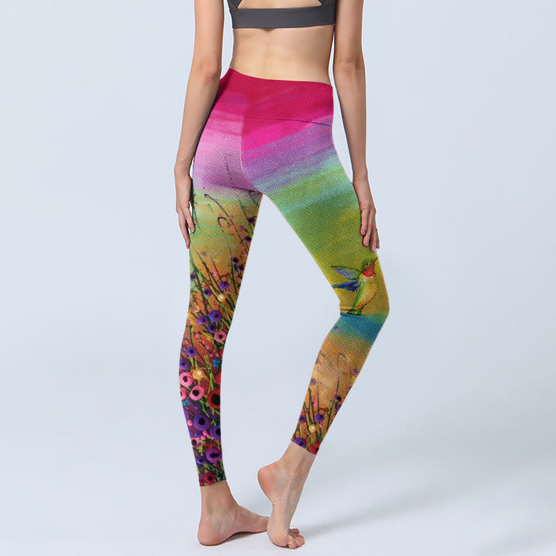 Blooming Flower Bird Pattern Print Gym Leggings Women's Yoga Pants