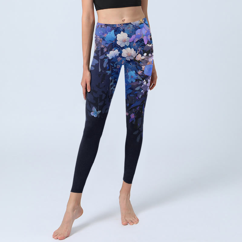 Purple Flower Butterfly Pattern Print Gym Leggings Women's Yoga Pants
