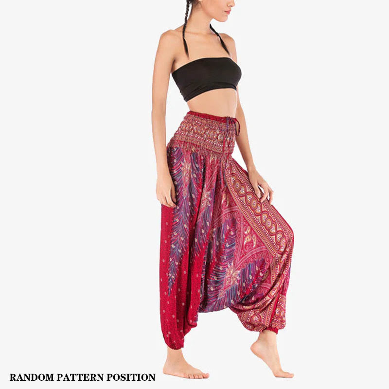 Two Style Wear Feathers Geometric Pattern Loose Smocked Trousers Jumpsuit Women's Yoga Pants