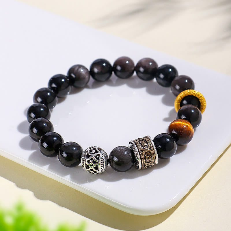 Silver Sheen Obsidian Tiger Eye Om Mani Padme Hum Protection Bracelet