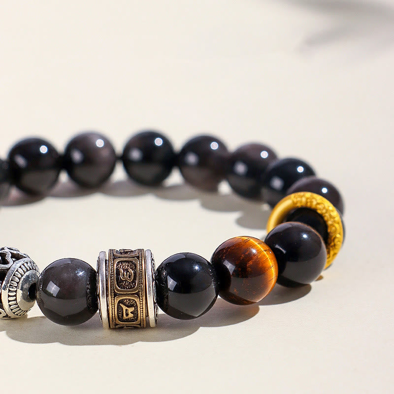 Silver Sheen Obsidian Tiger Eye Om Mani Padme Hum Protection Bracelet