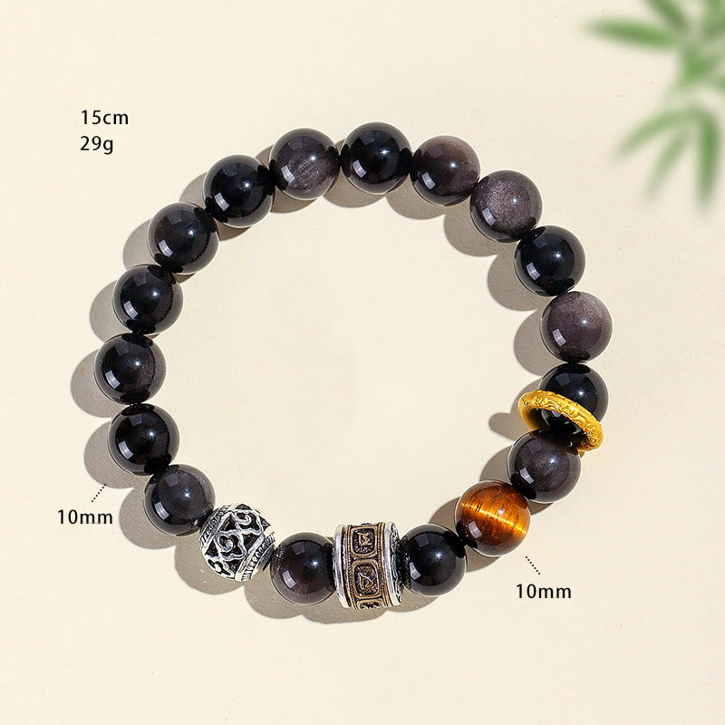 Silver Sheen Obsidian Tiger Eye Om Mani Padme Hum Protection Bracelet