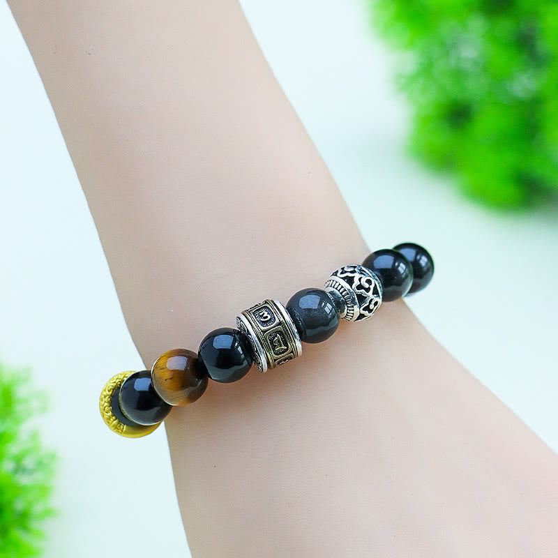 Silver Sheen Obsidian Tiger Eye Om Mani Padme Hum Protection Bracelet