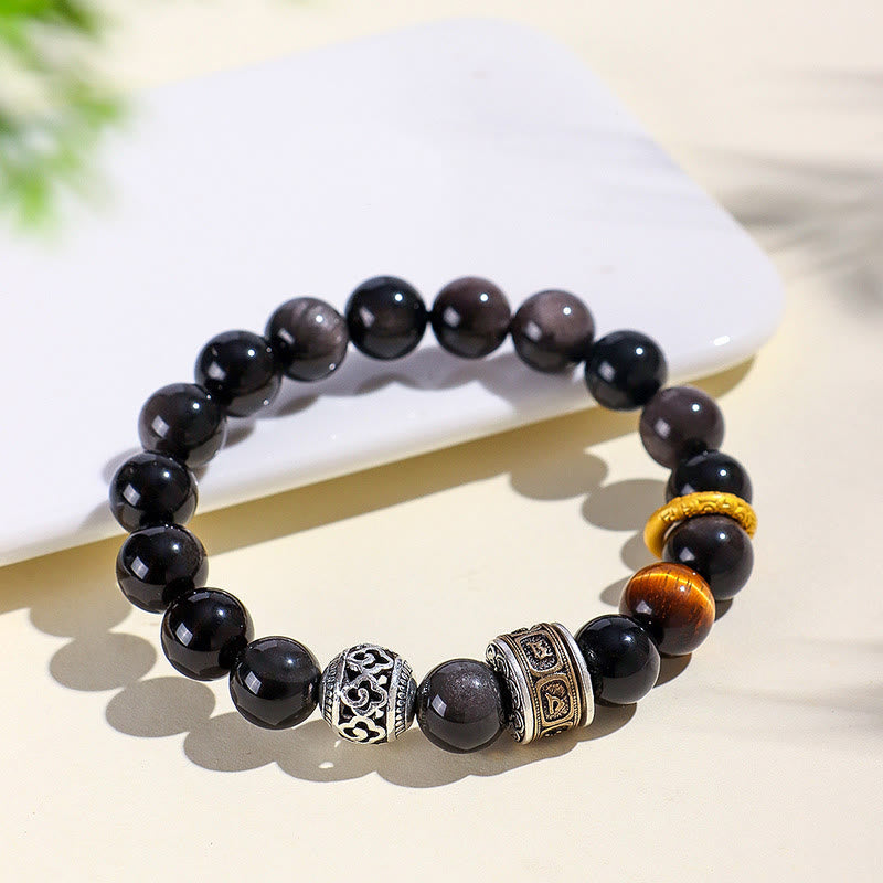 Silver Sheen Obsidian Tiger Eye Om Mani Padme Hum Protection Bracelet