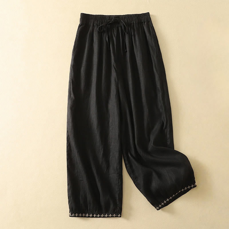 Casual Retro Drawstring Embroidery Design Women's 7-8 Length Pants With Pockets