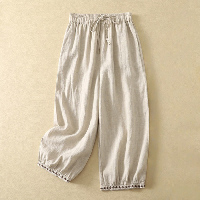 Casual Retro Drawstring Embroidery Design Women's 7-8 Length Pants With Pockets