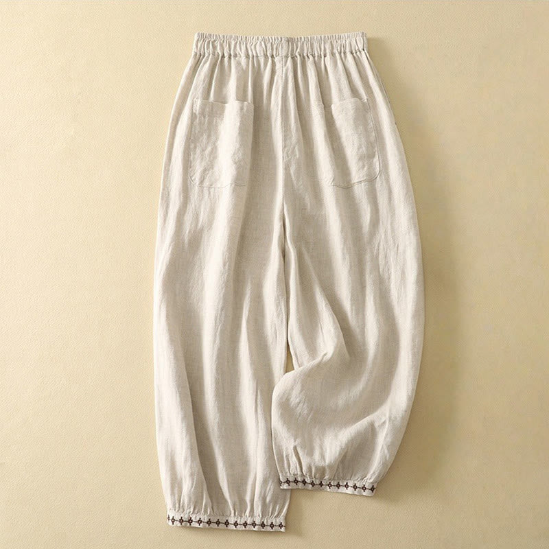 Casual Retro Drawstring Embroidery Design Women's 7-8 Length Pants With Pockets