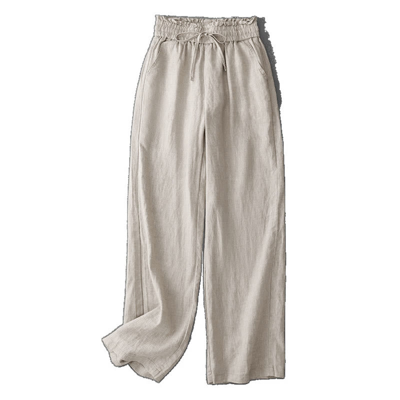 Casual High Waist Ruffled Drawstring Design Women's Wide Leg Cotton Pants With Pockets