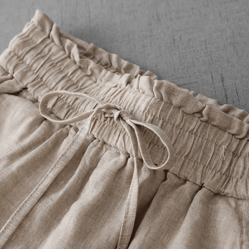 Casual High Waist Ruffled Drawstring Design Women's Wide Leg Cotton Pants With Pockets