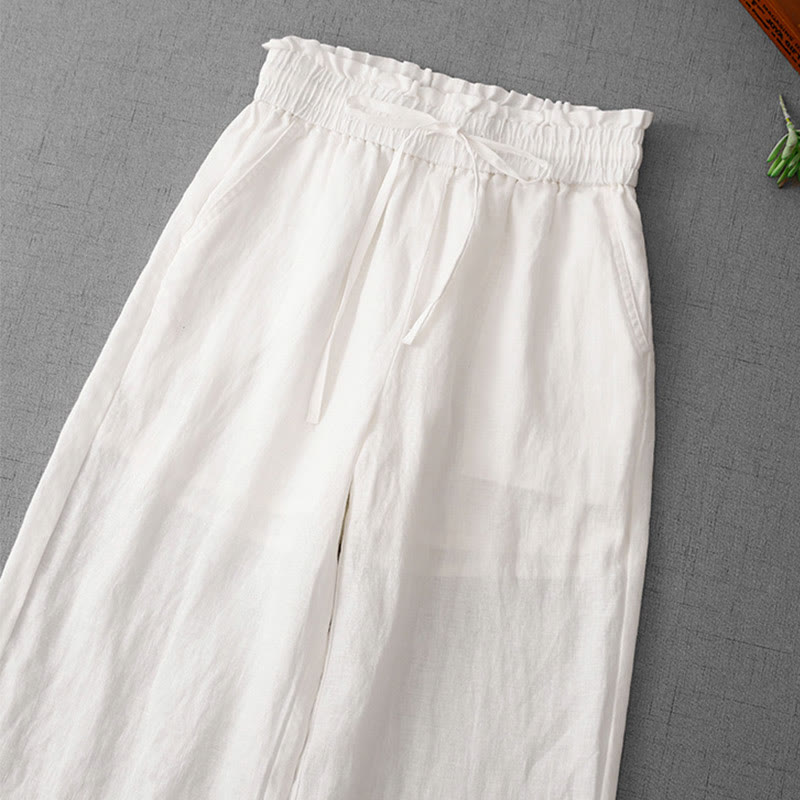 Casual High Waist Ruffled Drawstring Design Women's Wide Leg Cotton Pants With Pockets