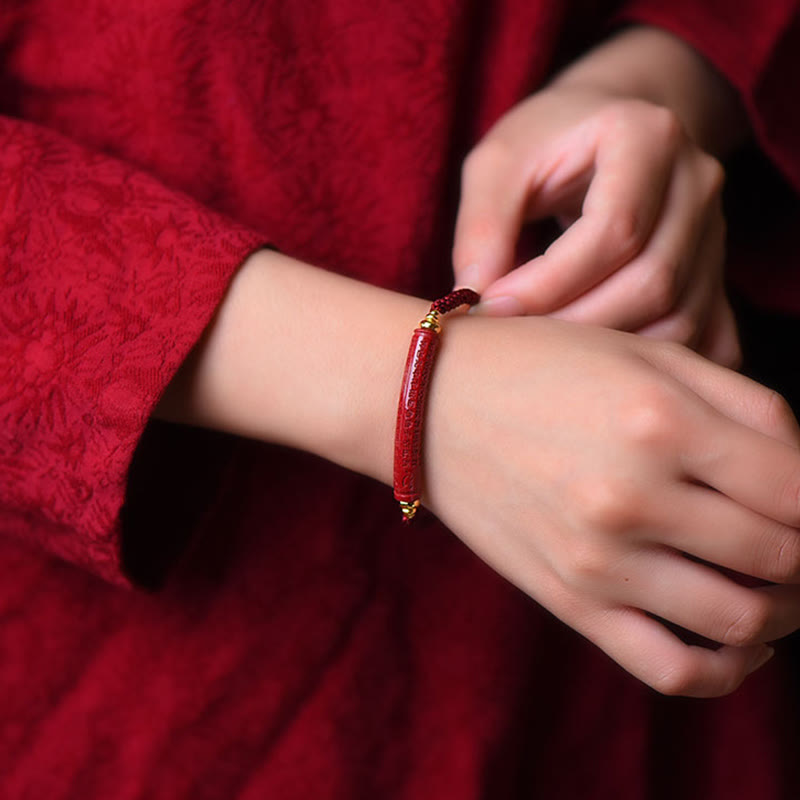 Handmade Cinnabar Om Mani Padme Hum Heart Sutra Blessing Braided Bracelet