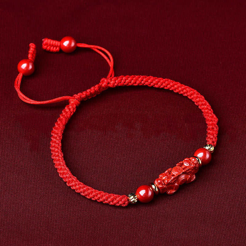 Handcrafted Pixiu Cinnabar Ruyi Stick Wealth Luck Braided Bracelet
