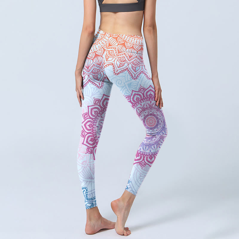 Pink Blue Mandala Flower Print Gym Leggings Women's Yoga Pants