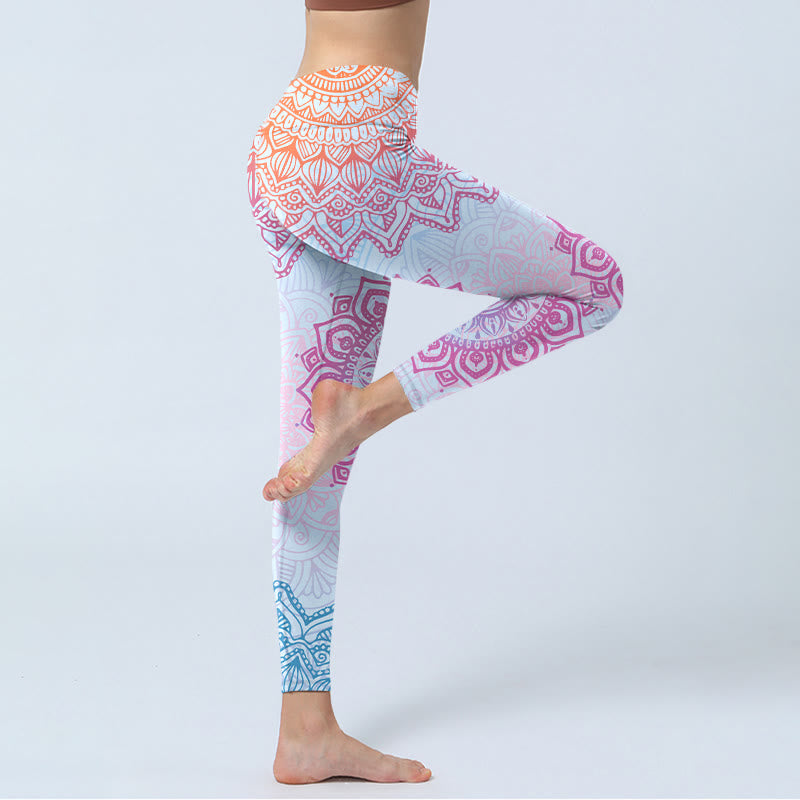 Pink Blue Mandala Flower Print Gym Leggings Women's Yoga Pants