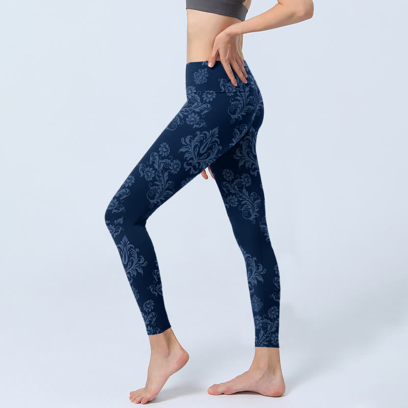 Blue Floral Leaf Print Gym Leggings Women's Yoga Pants