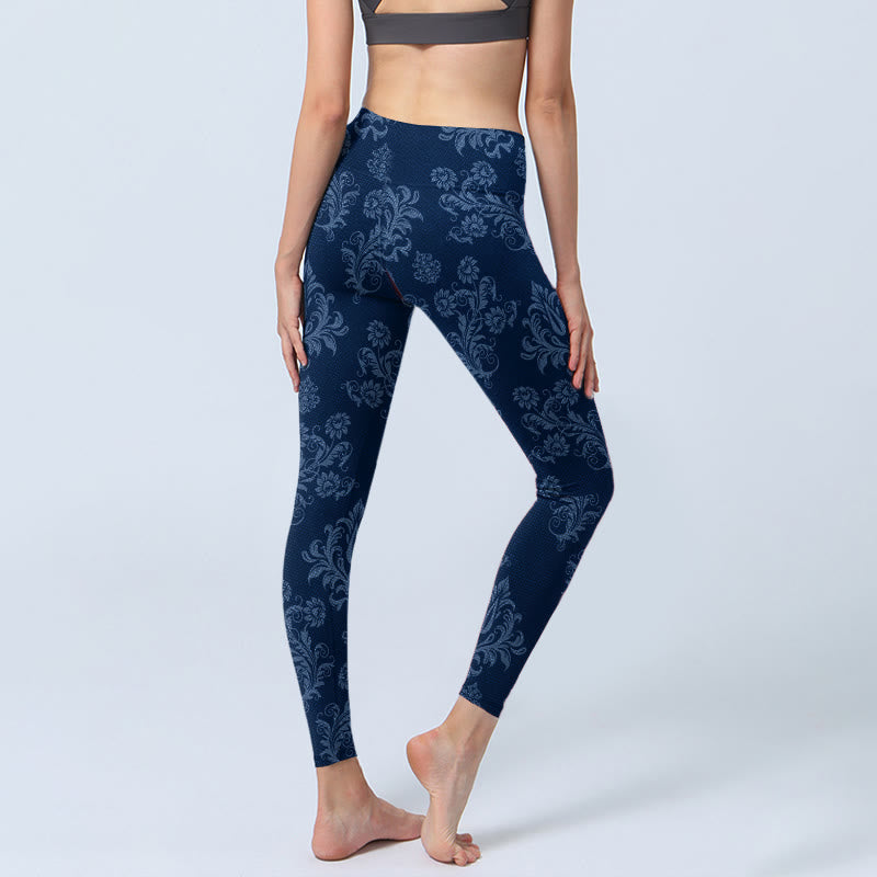 Blue Floral Leaf Print Gym Leggings Women's Yoga Pants