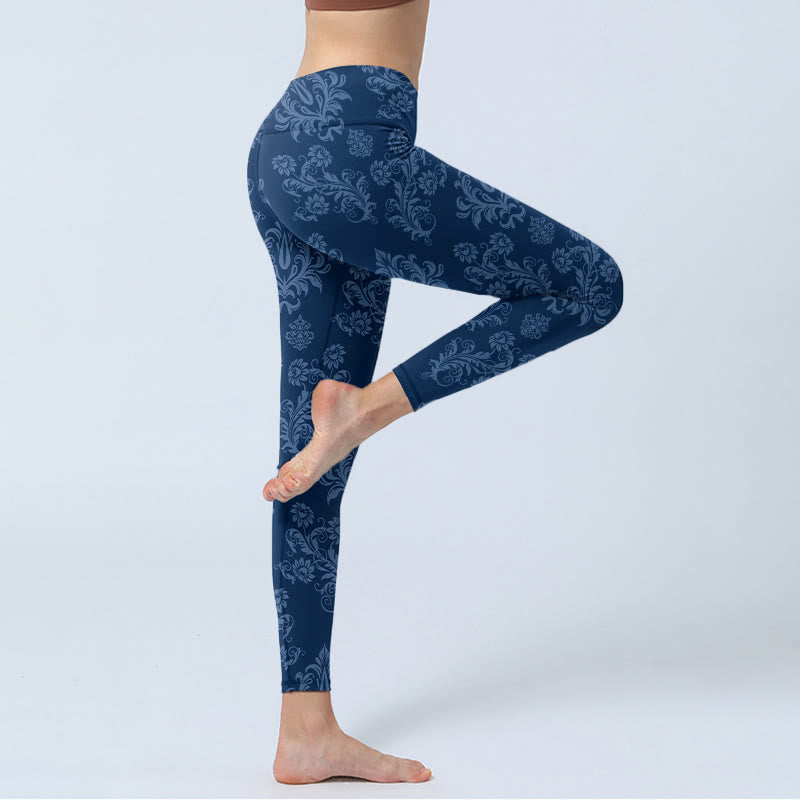 Blue Floral Leaf Print Gym Leggings Women's Yoga Pants