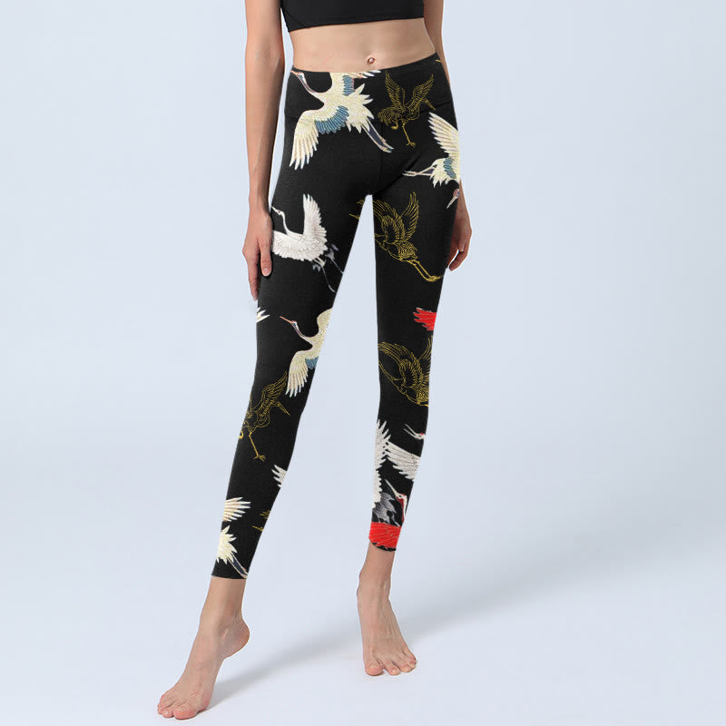White Red Gold Cranes Print Gym Leggings Women's Yoga Pants