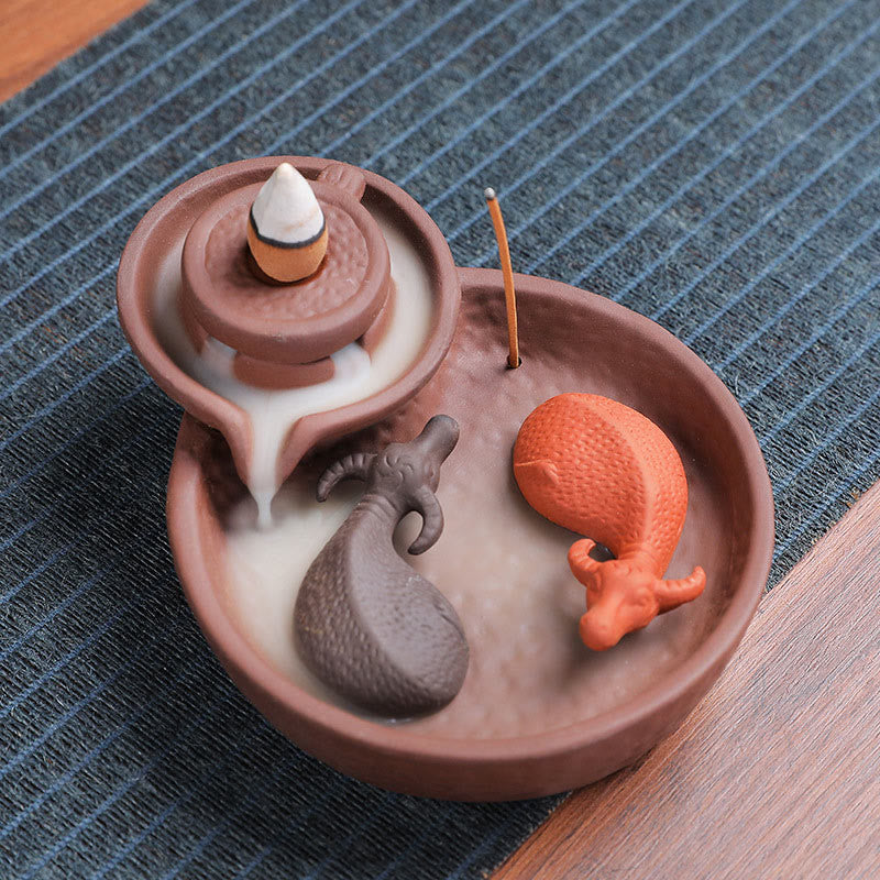 Koi Fish Ox Purple Clay Ceramic Incense Stick Holder Incense Burner Decoration