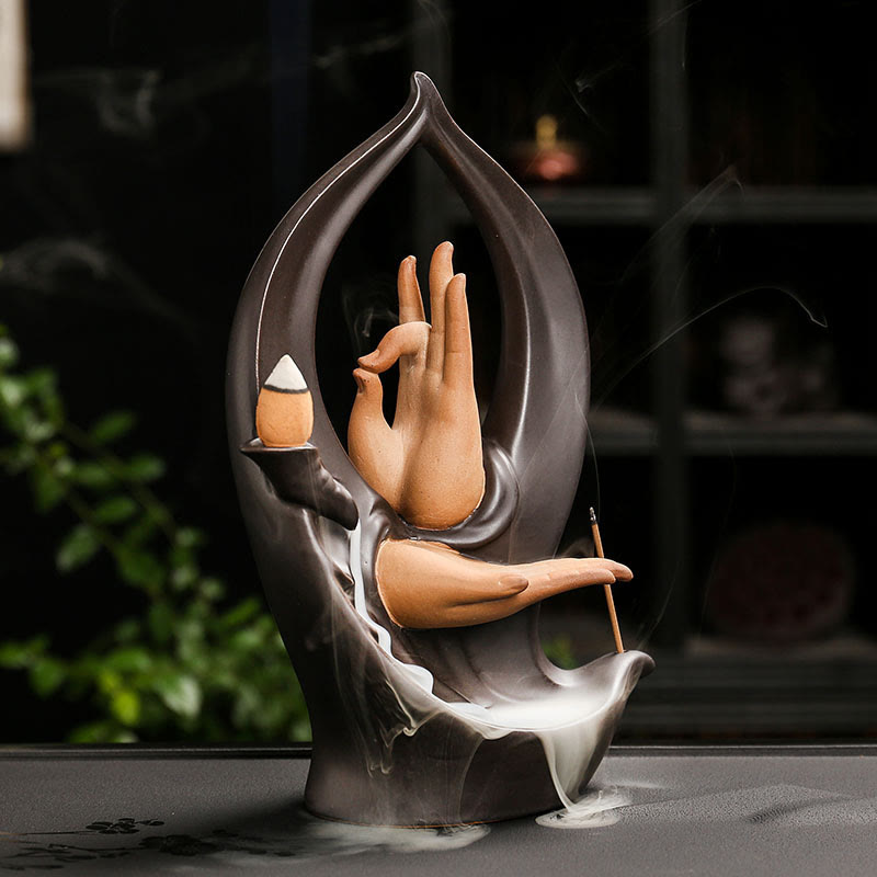 Stairs Mountains Water Buddha Hand Ceramic Backflow Smoke Fountain Meditation Incense Burner Decoration