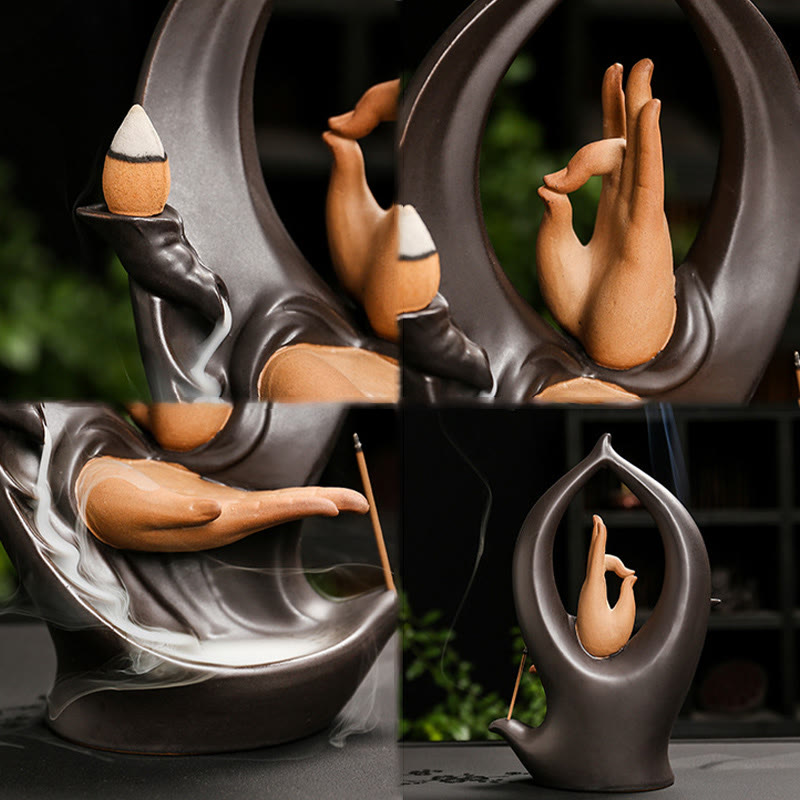 Stairs Mountains Water Buddha Hand Ceramic Backflow Smoke Fountain Meditation Incense Burner Decoration