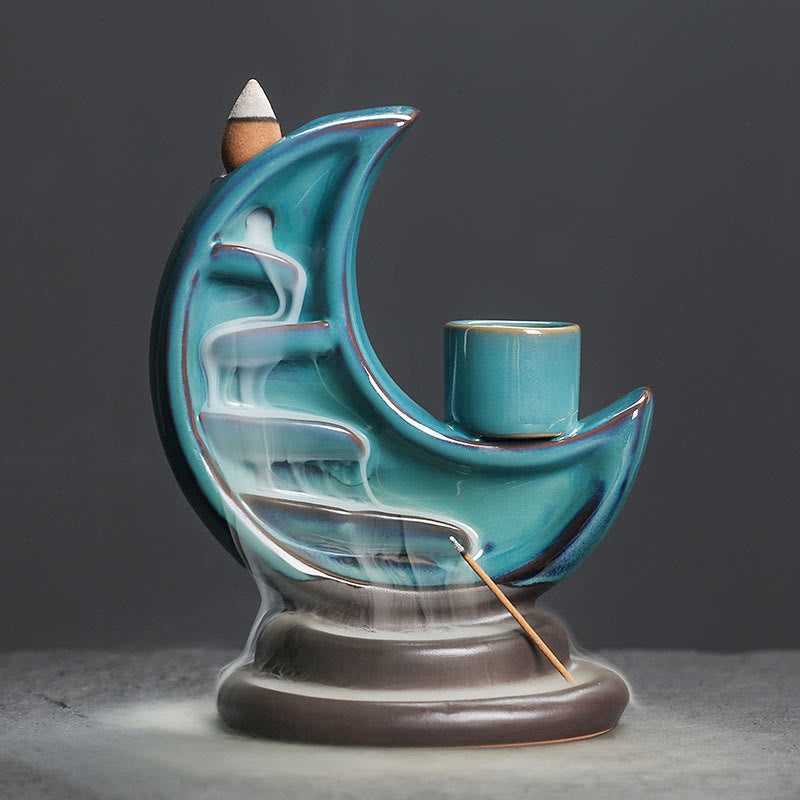 Blue Crescent Moon Ceramic Backflow Smoke Fountain Meditation Candlestick Incense Burner Decoration
