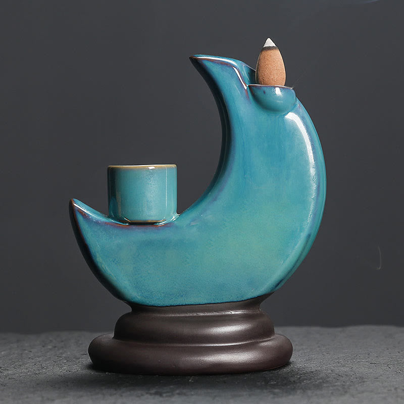 Blue Crescent Moon Ceramic Backflow Smoke Fountain Meditation Candlestick Incense Burner Decoration