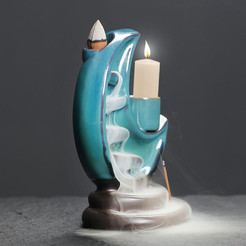 Blue Crescent Moon Ceramic Backflow Smoke Fountain Meditation Candlestick Incense Burner Decoration