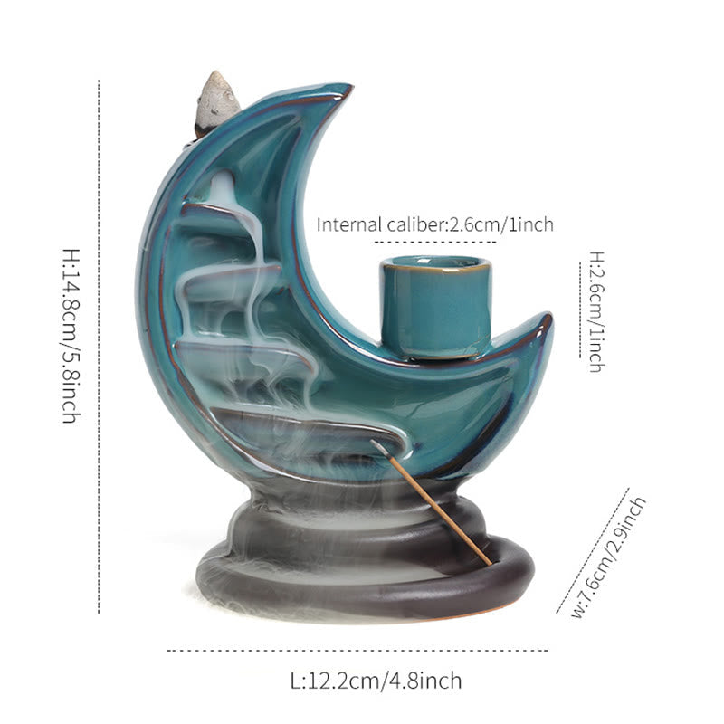 Blue Crescent Moon Ceramic Backflow Smoke Fountain Meditation Candlestick Incense Burner Decoration