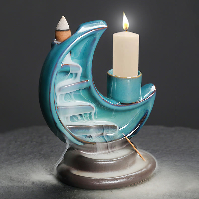 Blue Crescent Moon Ceramic Backflow Smoke Fountain Meditation Candlestick Incense Burner Decoration