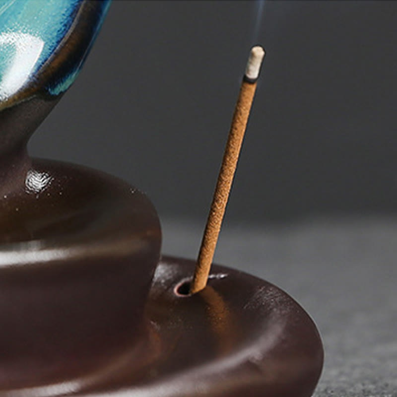 Blue Crescent Moon Ceramic Backflow Smoke Fountain Meditation Candlestick Incense Burner Decoration
