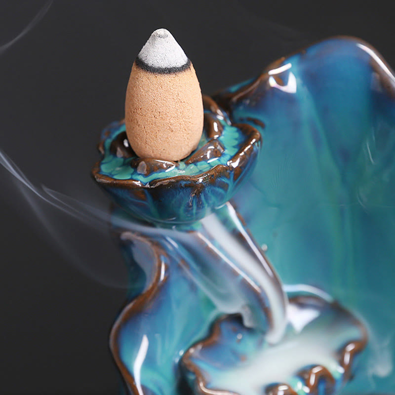 Blue Lotus Leaf Ceramic Backflow Smoke Fountain Spiritual Incense Burner Decoration