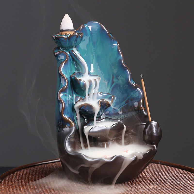 Blue Lotus Leaf Ceramic Backflow Smoke Fountain Spiritual Incense Burner Decoration