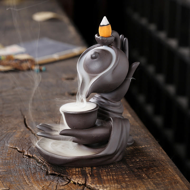 Buddha Hand Holding Teapot Cup Ceramic Backflow Smoke Fountain Incense Burner Decoration
