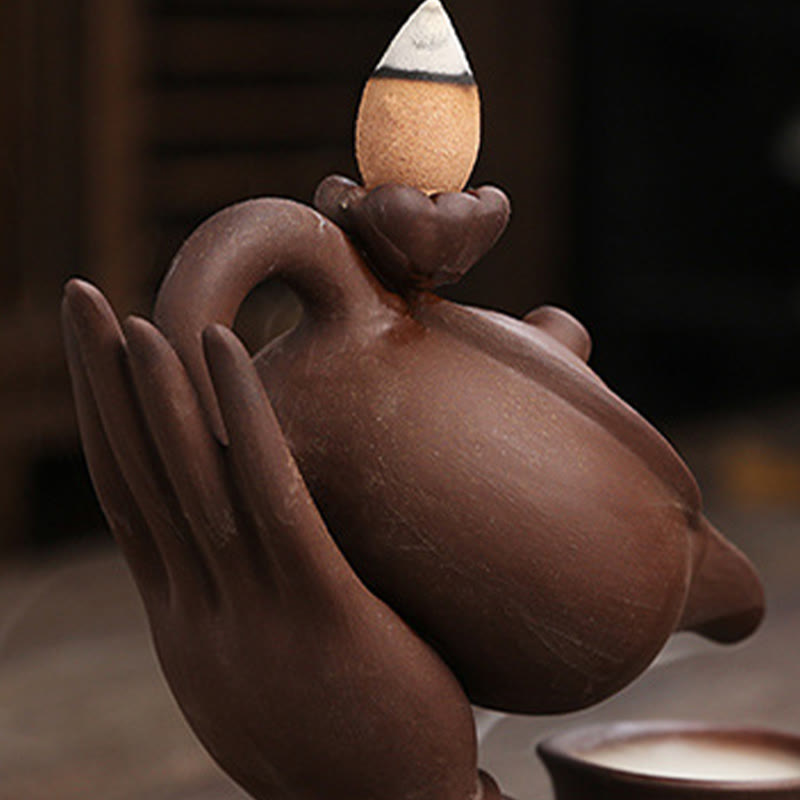 Buddha Hand Holding Teapot Cup Ceramic Backflow Smoke Fountain Incense Burner Decoration