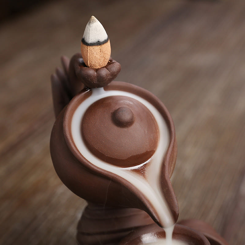 Buddha Hand Holding Teapot Cup Ceramic Backflow Smoke Fountain Incense Burner Decoration