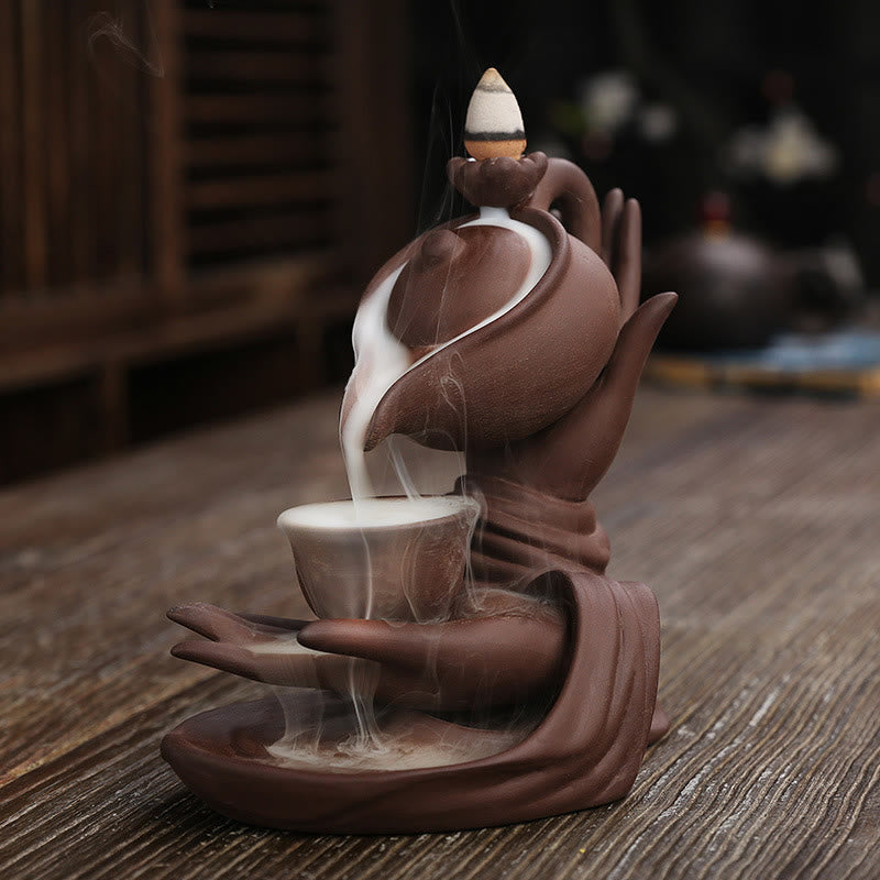 Buddha Hand Holding Teapot Cup Ceramic Backflow Smoke Fountain Incense Burner Decoration