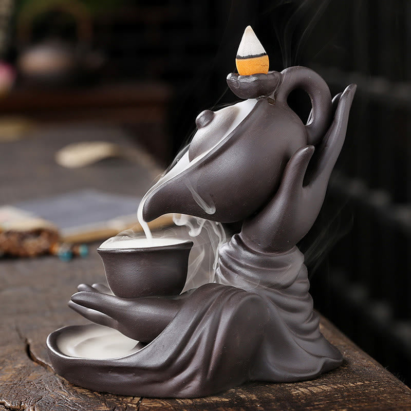 Buddha Hand Holding Teapot Cup Ceramic Backflow Smoke Fountain Incense Burner Decoration