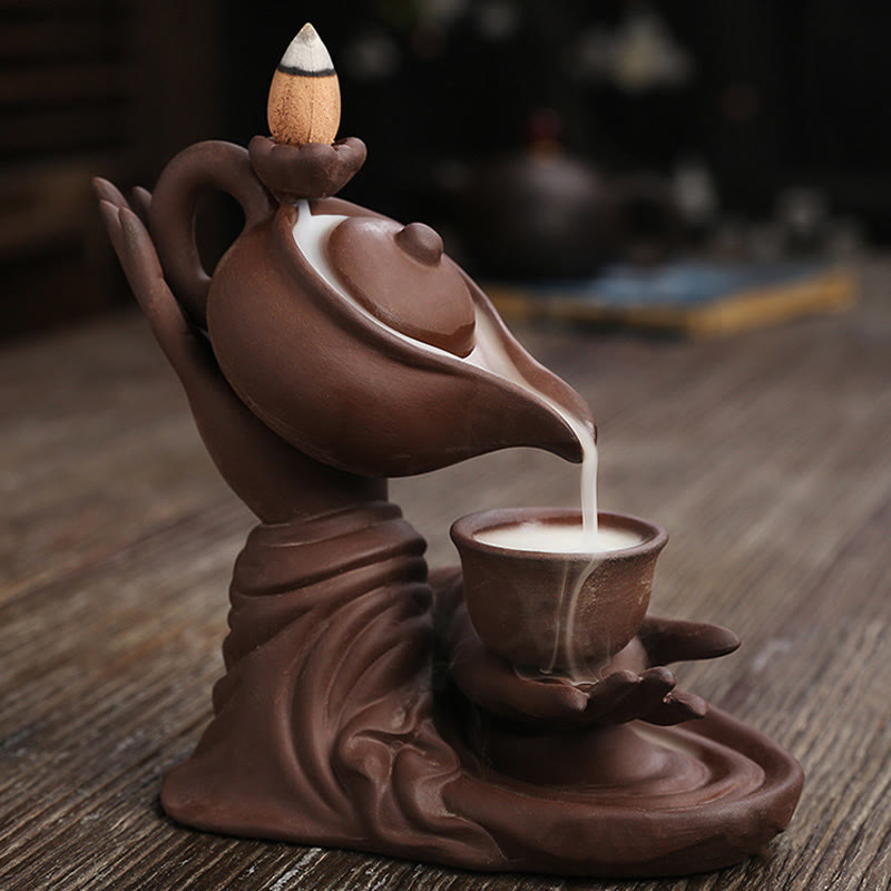 Buddha Hand Holding Teapot Cup Ceramic Backflow Smoke Fountain Incense Burner Decoration