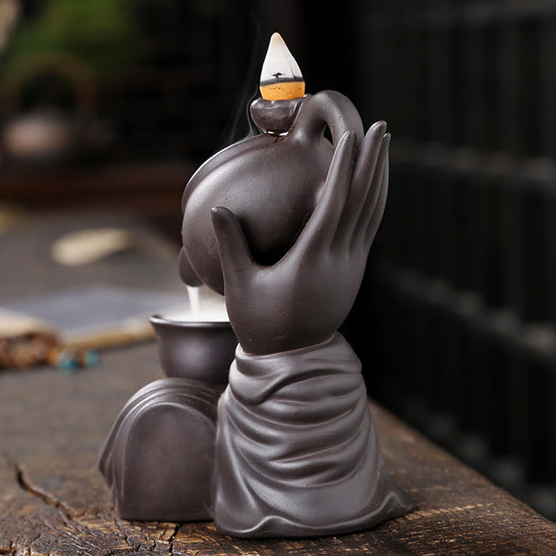 Buddha Hand Holding Teapot Cup Ceramic Backflow Smoke Fountain Incense Burner Decoration