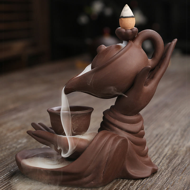 Buddha Hand Holding Teapot Cup Ceramic Backflow Smoke Fountain Incense Burner Decoration