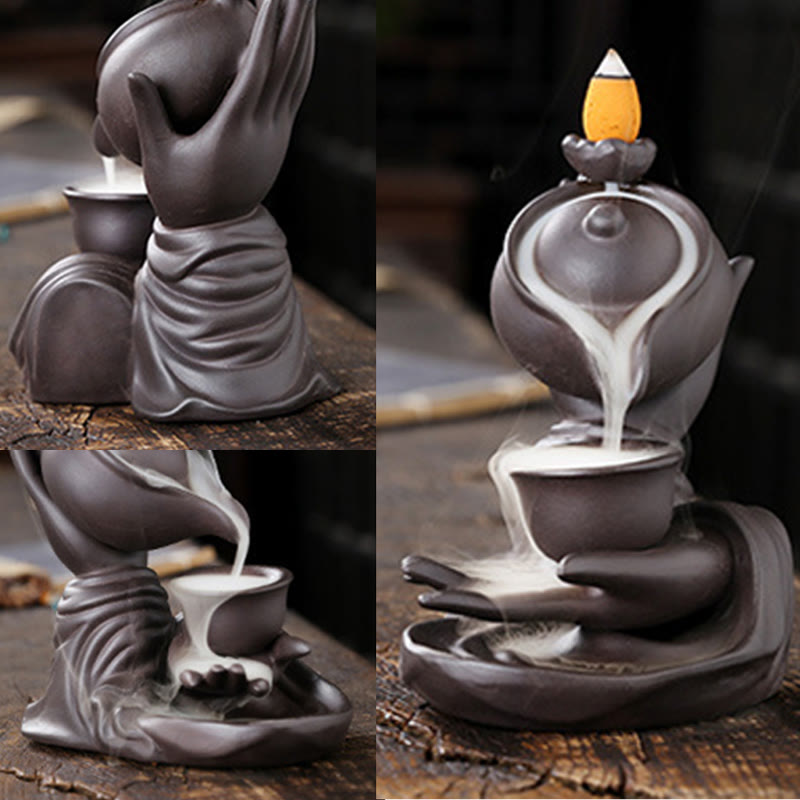 Buddha Hand Holding Teapot Cup Ceramic Backflow Smoke Fountain Incense Burner Decoration
