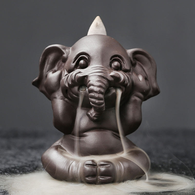 Cute Elephant Purple Clay Backflow Smoke Fountain Peace Incense Burner Decoration