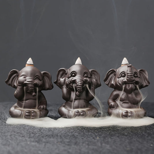 Cute Elephant Purple Clay Backflow Smoke Fountain Peace Incense Burner Decoration